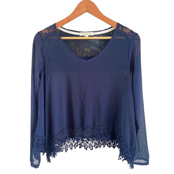 Rewind Navy Blue Semi-Sheer Lace Crochet Long Sleeve Loose Fit Blouse Sz Small - Picture 1 of 11